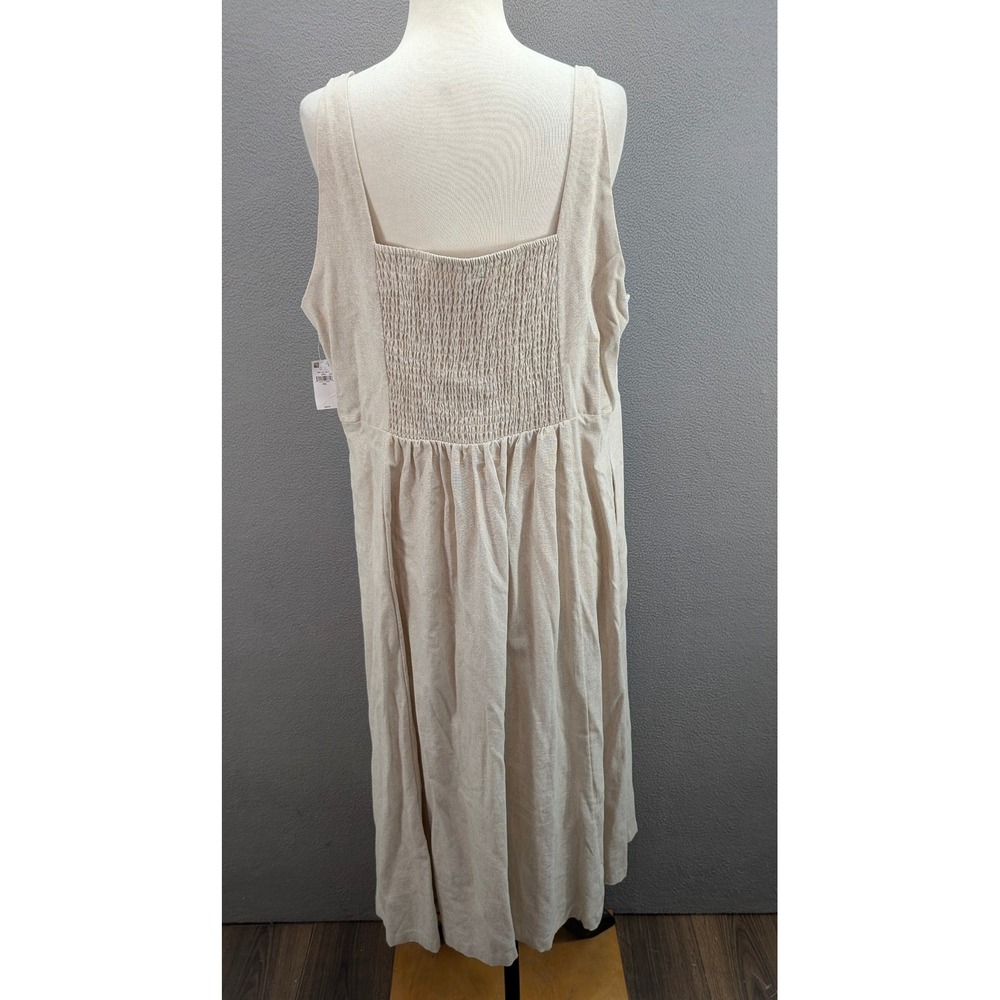 Old Navy Notch Neck Flax Linen Midi Dress Smocked Tan Flare Pleated Sz 2XL NWT - Picture 5 of 12